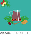 A festive Christmas drink made from sea buckthorn and cranberry berries, served in a transparent teapot. Next to it are slices of dried orange, cinnamon sticks, and spruce twigs. 143311316