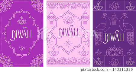 Decorative Diwali line art frames with geometric and floral motifs. Linear festive art deco design Decorative Diwali line art frames with geometric and floral motifs. Linear festive art deco design 143311359