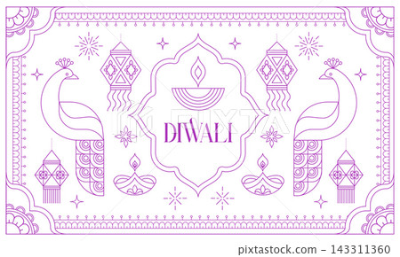 Minimalist Diwali background with peacocks, Diya lamps, lanterns and abstract decorative design Minimalist Diwali background with peacocks, Diya lamps, lanterns and abstract decorative design 143311360