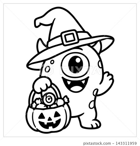 Happy Halloween monster coloring page featuring friendly cyclops holding candy basket Happy Halloween monster coloring page featuring friendly cyclops holding candy basket 143311959