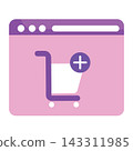 Illustration of a web browser window interface combined with a shopping cart and a plus add sign icon, perfectly representing online shopping, add to cart feature, e-commerce web platform, retail digi 143311985