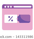 Illustration of a web browser window interface combined with a discount coupon or voucher ticket icon with a percentage sign, perfectly representing online promotions, e-commerce discounts, digital co 143311986