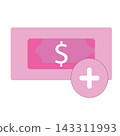 Illustration of a dollar banknote cash combined with a plus add sign icon, perfectly representing financial top up 143311993