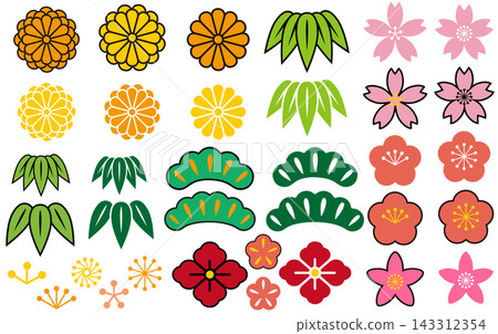 Colorful Japanese-style plant and floral pattern icon vectors: Chrysanthemum, cherry blossom, plum blossom, pine, bamboo grass, and auspicious patterns. Colorful Japanese-style plant and floral pattern icon vectors: Chrysanthemum, cherry blossom, plum blossom, pine, bamboo grass, and auspicious patterns. 143312354