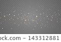 Golden glitter particles and glowing bokeh. Christmas premium design. Luxury transparent effect for wedding, celebration, branding or invitation. Elegant gold dust. Vector illustration 143312881