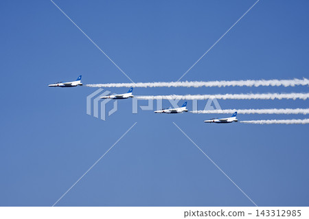Blue Impulse aerobatic team at Matsushima Air Base conducts flight training under the autumn blue sky in Higashimatsushima City, Miyagi Prefecture. Blue Impulse aerobatic team at Matsushima Air Base conducts flight training under the autumn blue sky in Higashimatsushima City, Miyagi Prefecture. 143312985