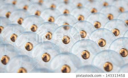 Dense array of transparent domes with gold spheres and wireframe lattice Dense array of transparent domes with gold spheres and wireframe lattice 143313458