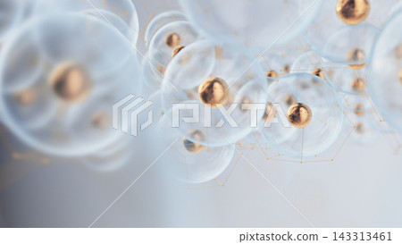 Diagonal chain of glass spheres with golden nanoparticles and hexagonal wireframe Diagonal chain of glass spheres with golden nanoparticles and hexagonal wireframe 143313461