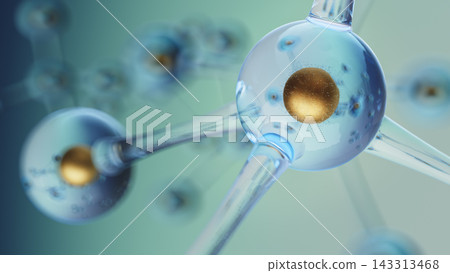 Macro close-up of glass atom sphere with golden core and connecting molecular bonds Macro close-up of glass atom sphere with golden core and connecting molecular bonds 143313468