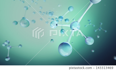 Molecular structure with glass spheres and connecting rods floating in green blue gradient 143313469