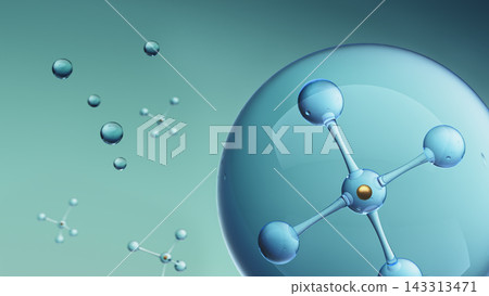Molecule encapsulated inside protective glass sphere, surrounded by free floating molecules Molecule encapsulated inside protective glass sphere, surrounded by free floating molecules 143313471