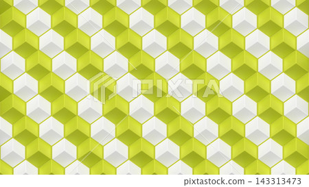 Isometric cube hexagon pattern, yellow green white 3d blocks, optical illusion surface Isometric cube hexagon pattern, yellow green white 3d blocks, optical illusion surface 143313473