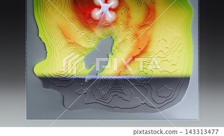 Overhead view of glowing quadcopter drone creating colorful topographic map Overhead view of glowing quadcopter drone creating colorful topographic map 143313477