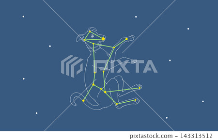 一幅彩色插圖,描繪了漂浮在星空中的大犬座(狗及其星座線)。 一幅彩色插圖,描繪了漂浮在星空中的大犬座(狗及其星座線)。 143313512