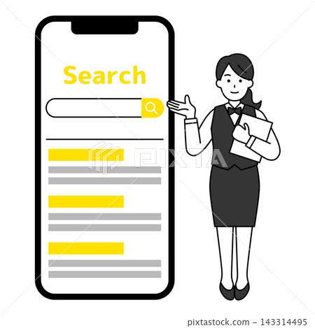 A female restaurant employee guides customers through the search process using a large smartphone screen. A female restaurant employee guides customers through the search process using a large smartphone screen. 143314495