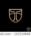 Luxury golden letter T shield emblem top logo design on dark background, elegant corporate brand identity symbol for business, premium company icon. 143314848