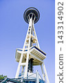 A high-angle view of the famous Space Needle and its steel support structure in Seattle, Washington, USA. 143314902