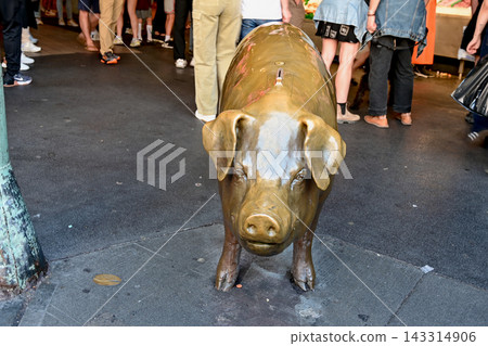 The famous Rachel Pig statue and donation box that attracts tourists around Pike Place Market in Seattle, USA. The famous Rachel Pig statue and donation box that attracts tourists around Pike Place Market in Seattle, USA. 143314906