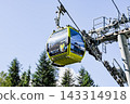 Commercial photo of a yellow cable car cabin on the steel cables of the Squamish Sea-to-Sky Gondola in Canada. 143314918