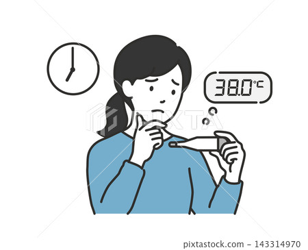 一位女士將體溫計讀數與手錶讀數進行比較,不確定何時應該就醫。 一位女士將體溫計讀數與手錶讀數進行比較,不確定何時應該就醫。 143314970