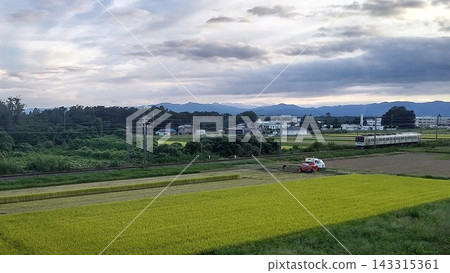 秩父鐵道,2節車廂列車,秋景(2026年9月18日),黃昏時分的收割工作,颱風即將來臨。 秩父鐵道,2節車廂列車,秋景(2026年9月18日),黃昏時分的收割工作,颱風即將來臨。 143315361