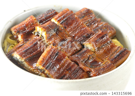 A single serving of eel rice bowl photographed against a white background. A single serving of eel rice bowl photographed against a white background. 143315696