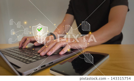 Policy compliance digital governance concept with laptop smartphone and holographic shield icons for secure information management templates Policy compliance digital governance concept with laptop smartphone and holographic shield icons for secure information management templates 143315754