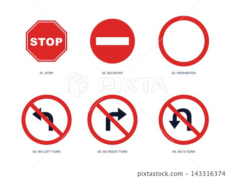 Red and white regulatory road safety and traffic prohibition signs vector illustration Red and white regulatory road safety and traffic prohibition signs vector illustration 143316374