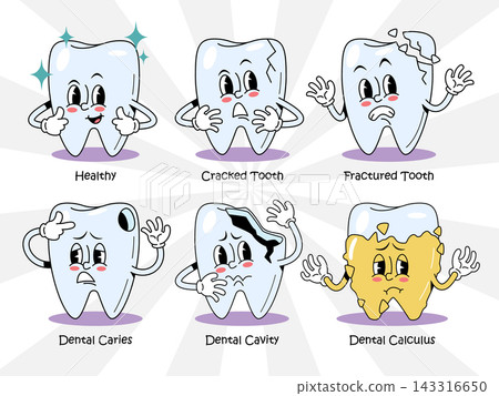 Tooth disease retro 1930s style rubber hose cartoon characters set for dental design, featuring healthy, cracked, fractured, dental caries and cavity, calculus. Vector illustration. Tooth disease retro 1930s style rubber hose cartoon characters set for dental design, featuring healthy, cracked, fractured, dental caries and cavity, calculus. Vector illustration. 143316650