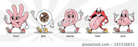 Human five senses organ retro 1930s style rubber hose cartoon characters set for medical design, featuring touch, sight, hearing, taste and smell. Vector illustration. 143316652