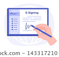 Human Hand Signing a Signature on a Digital Tablet for Electronic Contract Document Concept Illustration Clip Art 143317210