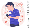 Boy Kid Watching Social Media Content and Chatting on Smartphone for Social Media Addiction and FOMO Concept Illustration 143317211