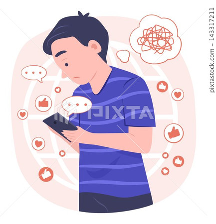 Boy Kid Watching Social Media Content and Chatting on Smartphone for Social Media Addiction and FOMO Concept Illustration Boy Kid Watching Social Media Content and Chatting on Smartphone for Social Media Addiction and FOMO Concept Illustration 143317211