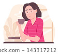Young Woman Drinking Coffee and Sitting in Cozy Coffee Shop Cafe for Relaxing Lifestyle Concept Illustration Clip Art 143317212