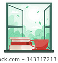 A Cup of Hot Coffee Drinks and Stack of Books Placed by the Glass Window Frame that Opens onto the Garden Concept Illustration Clip Art 143317213
