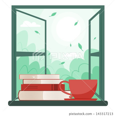 A Cup of Hot Coffee Drinks and Stack of Books Placed by the Glass Window Frame that Opens onto the Garden Concept Illustration Clip Art 143317213