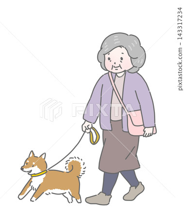 一位老婦人正在遛狗 一位老婦人正在遛狗 143317234