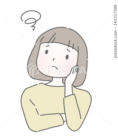 A woman with her hand on her cheek, looking troubled. A woman with her hand on her cheek, looking troubled. 143317306
