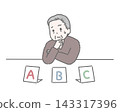 An elderly man struggling with a multiple-choice question with three options. 143317396