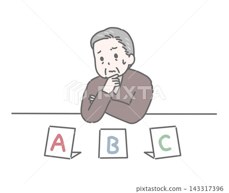 An elderly man struggling with a multiple-choice question with three options. 143317396