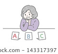 An elderly woman struggling with a multiple-choice question with three options. 143317397