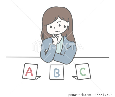 A woman struggling with a multiple-choice question with three options. A woman struggling with a multiple-choice question with three options. 143317398