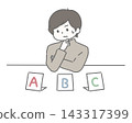A man struggling with a multiple-choice question with three options. 143317399