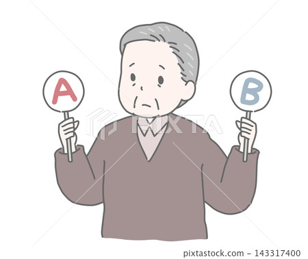 An elderly man holding a card marked "AB" is troubled. 143317400