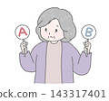 An elderly woman holding a card marked "AB" is troubled. 143317401