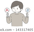 A man holding a card marked AB is troubled. 143317405
