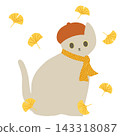 An illustration of an autumn cat wearing a beret and scarf, and a ginkgo tree. 143318087