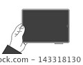 Illustration 2 of a hand holding a horizontally oriented tablet in one hand. 143318130