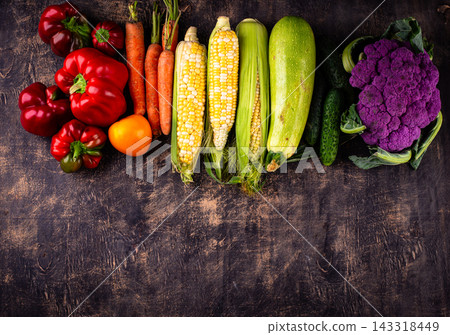Corn, pepper, cauliflower, carrot, cucumber, tomato and zucchini Corn, pepper, cauliflower, carrot, cucumber, tomato and zucchini 143318449