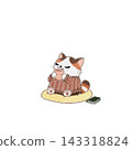 An illustration of a calico cat taking a break with a warm drink. 143318824